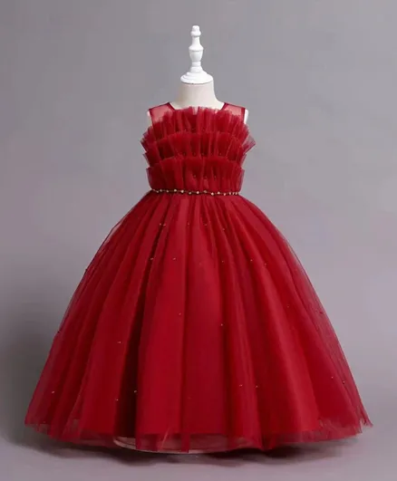 فستان بيبكلو للحفلات طويل بطبقات شبكية مع لؤلؤ - أحمر