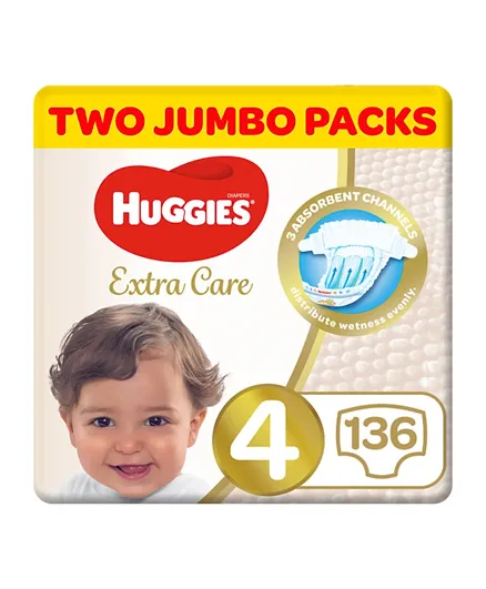 Huggies Extra Care Mega Pack of 2 Diapers Size 4 - 136 Pieces
