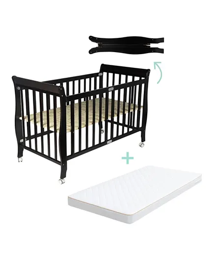 مون - سرير طفل قابل للطي من الخشب + مرتبة سرير الطفل - أسود وأبيض
