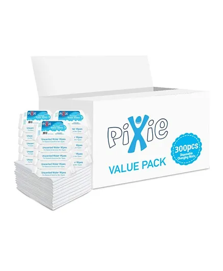 Pixie Disposable Changing Mats 300 + Pack of 15 Pixie Water Wipes 36 pieces each