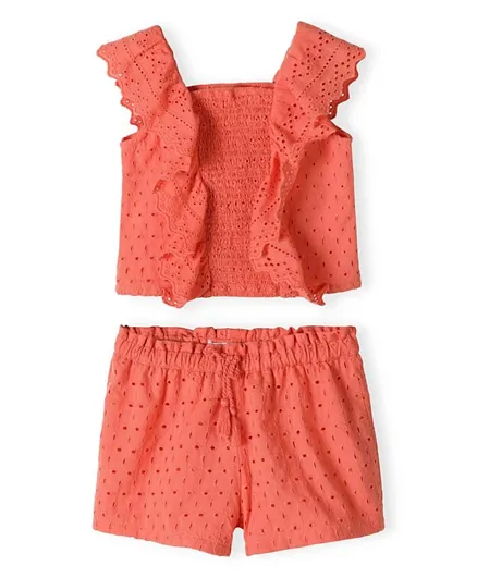 Minoti Square Neck Frill Sleeve Top & Shorts/Co-ord Set - Coral