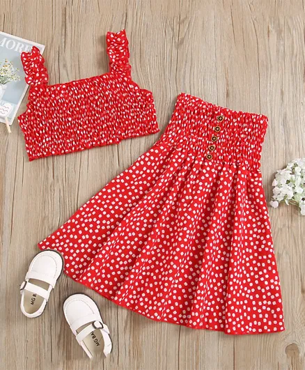 Babyqlo Flower Printed Crop Top With Skirt - Red