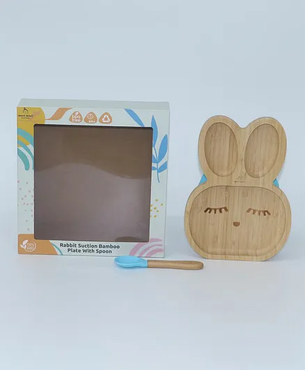 Mori Mori Rabbit Suction Bamboo Plate With Spoon - Blue