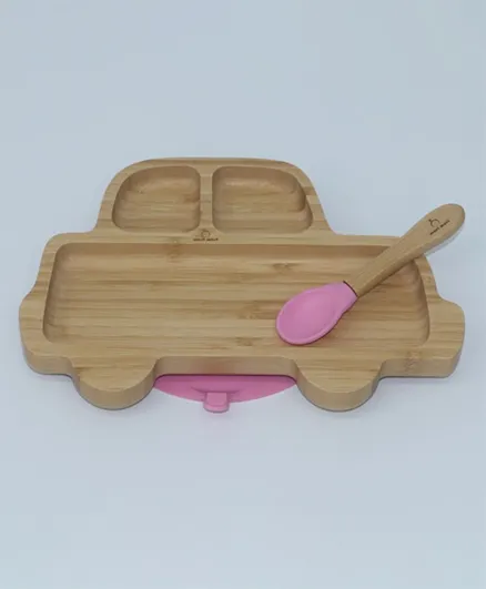 Mori Mori Car Suction Bamboo Plate With Spoon - Pink