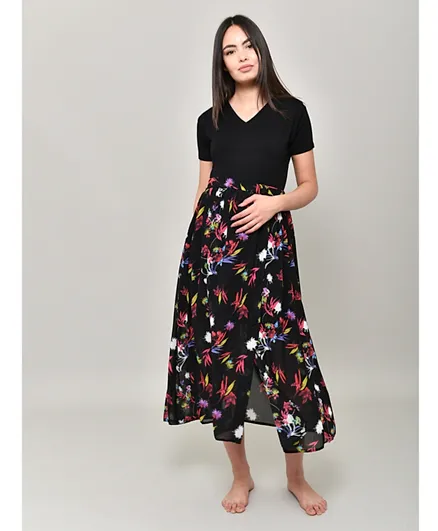 Oh9shop Floral Design Midi Skirt - Black