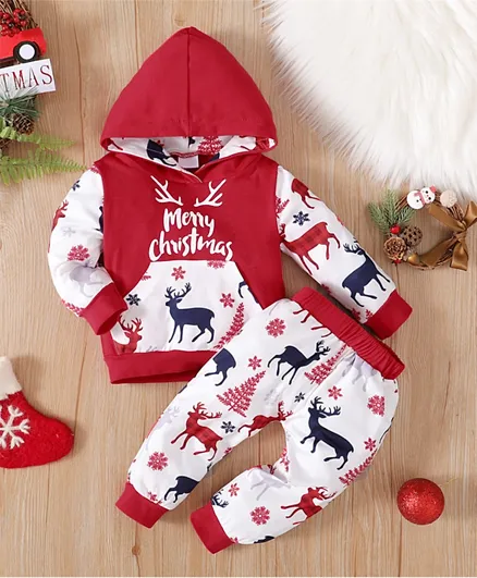 Babyqlo Merry Christmas Printed Hoodie Top and Pant Set - Multicolor