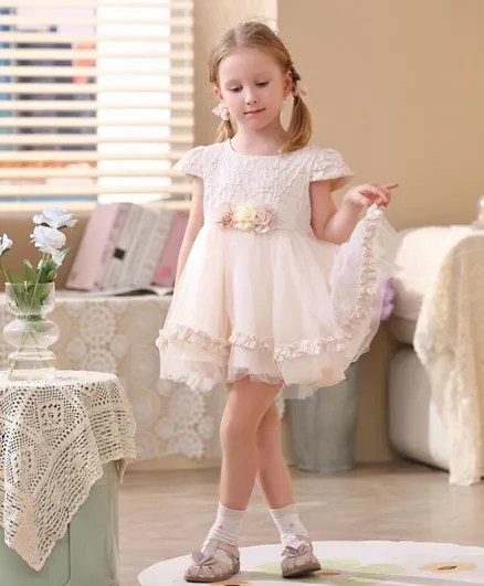 Smart Baby Floral Applique Net Tulle Party Dress - Off White