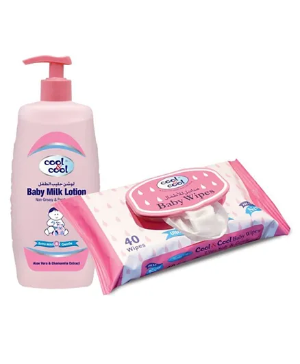 Cool & Cool Baby Milk Lotion 500 ml + 40 Baby Wipes Regular - Pink