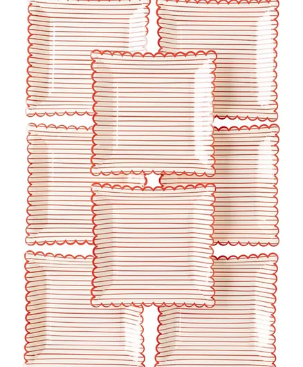 صحون ماي مايندز آي المقلمة باللون الأحمر ذات الحواف المتموجة - طقم من 8