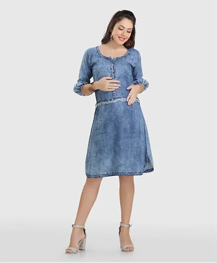 House of Napius Fashionable Maternity Denim Dress with Balloon Sleeves - Blue