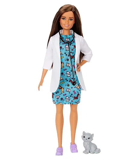 Barbie Pet Vet Brunette Doll with Medical Coat Dress and Kitty Patient - Blue