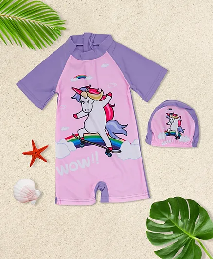 Babyqlo Unicorn Surfing On Rainbow Printed Swimsuit With Cap - Multicolor