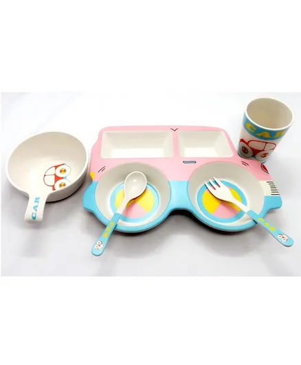 Factory Price Car Design Bamboo Tableware Set Pink & Blue - 5 Pieces