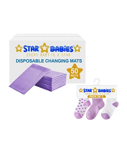 Star Babies Combo Disposable Changing Mats Lavender - 50 Pieces + Disposable Earpads - 10 PIeces
