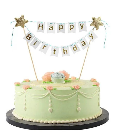 Party Propz Glitter Happy Birthday Cake Topper - White & Golden Glitter