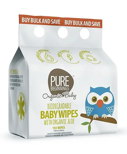 Pure Beginnings Organic Vegan Biodegradable Baby Wipes with Aloe - 192 Pieces