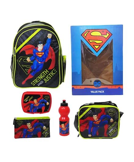 DC Superman Backpack   Pencil Pouch   Lunch Bag   Lunch Box   Water Bottle - 19 Inches