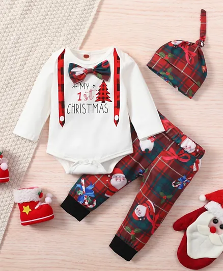 Babyqlo My First Christmas Graphic Bodysuit & Pants Set With Cap - Multicolor