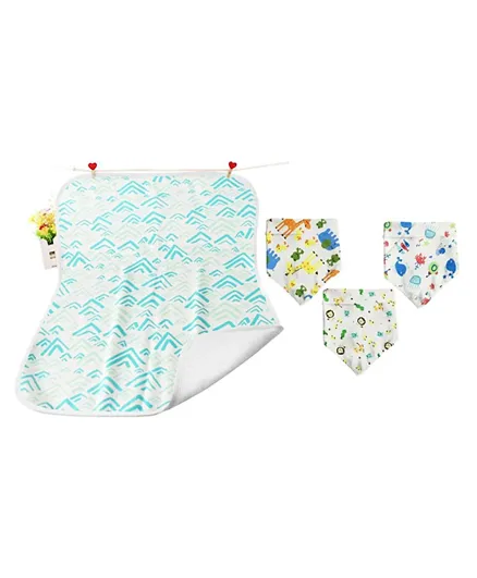 Star Babies Combo of 1 Reusable Mat + Pack of 3 Baby  Cotton Bibs - Blue & White
