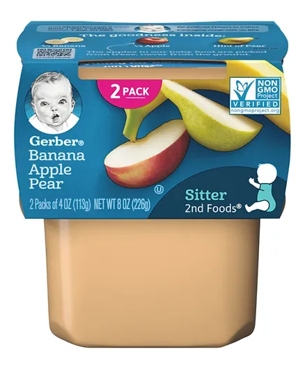 مزيج مهروس طعام الأطفال الثاني من شركة جيربر، خليط من فاكهة الموز والتفاح والكمثري عبوة من 2 - 113 غ