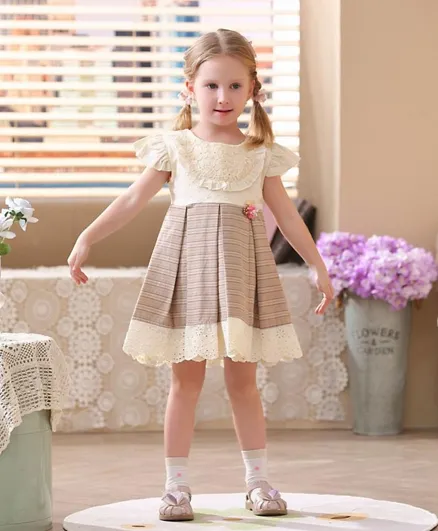 Smart Baby Lace Embroidered & Striped Party Dress - Cream & Slate Grey