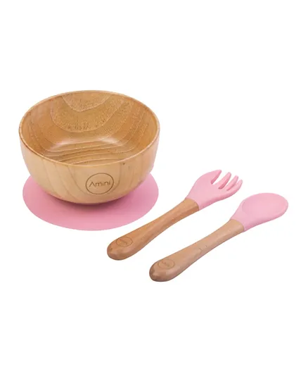 Amini Kids Bamboo Bowl With Cutlery Set - Pink