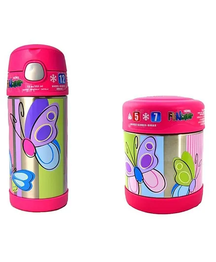 Thermos Butterfly Funtainer Stainless Steel Food Jar 290 ML    Thermos Funtainer Bottle Steel Hydration Bottle 355 ML  - Combo