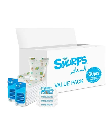 Smurfs Disposable Changing Mats Bibs Water Wipes & Nappy Bags - Combo Pack