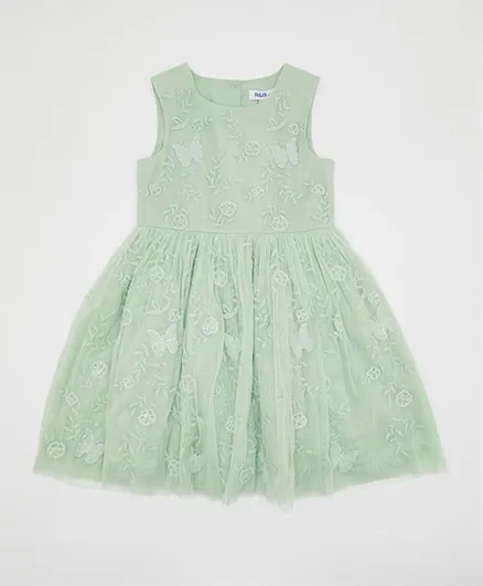 آر أند بي كيدز فستان مطرز بفراشات ثلاثية الأبعاد للأطفال - أخضر