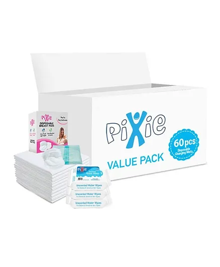 Pixie 60 Disposable Changing Mats with 60 Breast Pad & 108 Water Wipes - Value Pack