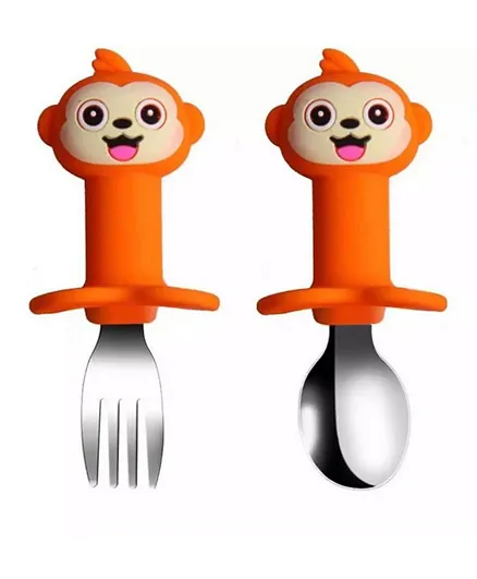 Brain Giggles Short Handle Stainless Steel Baby Training Fork & Spoon Set - Monkey