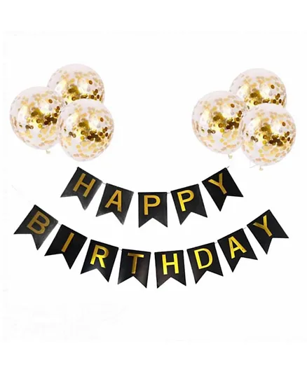 Highland Black Happy Birthday Banner & Golden Confetti Balloon Set - Set of 9