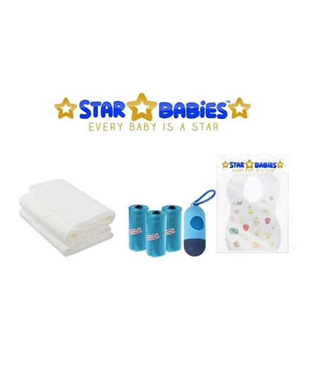 ستار بيبيز مجموعة الضروريات للأطفال - 10 مرايل + 3 أكياس معطرة + 3 مناشف - أبيض وأزرق