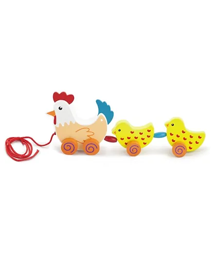 Viga Wooden Pull Along Hen With Two Chicks - Multicolour