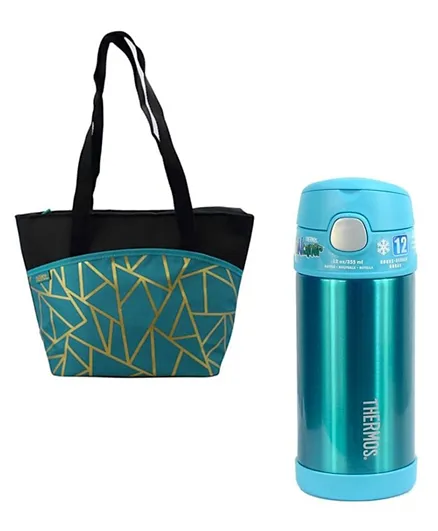 Thermos Raya 9 Can Lunch Tote Fragment  + Thermos Funtainer Steel Hydration Bottle 355 ML Teal - Combo