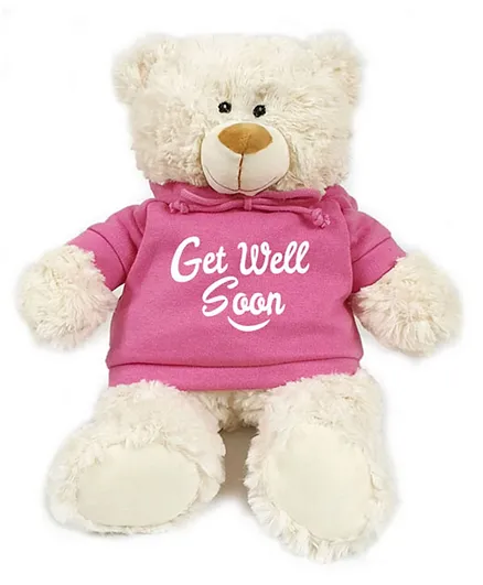Caravaan Cuddly Cream Bear with Embroidered Get Well Soon on Trendy Pink Velour Hoodie - White and Pink