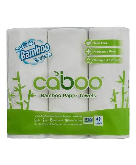 Caboo Towel Roll White and Green 75 Sheets - Pack of 6