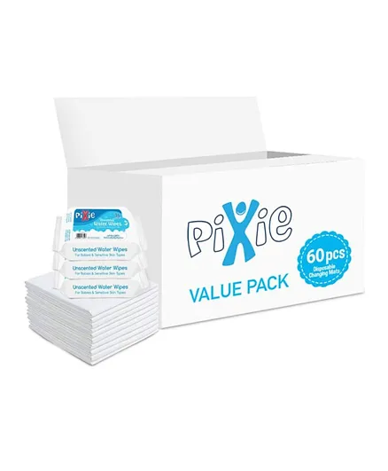 Pixie Disposable Changing Mats 60 + Water Wipes 108 Pieces