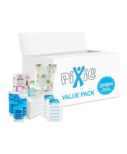 Pixie Disposable Changing Mats+ Bibs+ Breast Pads + Water Wipes+ Nappy Bags - Value Pack of 5