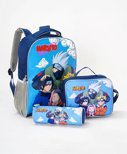 حقيبة ظهر مطبوعة ناروتو + حقيبة غداء + مجموعة أقلام رصاص باللون الأزرق - 16 إنش