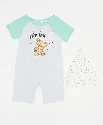 R&B Kids Nap Time Printed Romper With Cap - Multicolor
