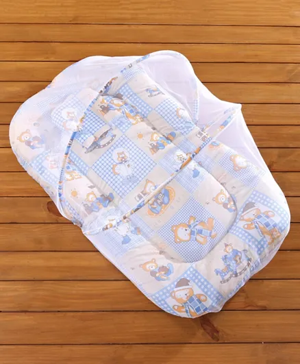 Babyhug All Over Printed Bedding Set with Mosquito Net - Blue