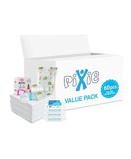Pixie Disposable Changing Mats 60 + Pixie Bibs 60 + Pixie Breast Pad 60 + Pack of 3 Pixie Water Wipes 36 Pieces each