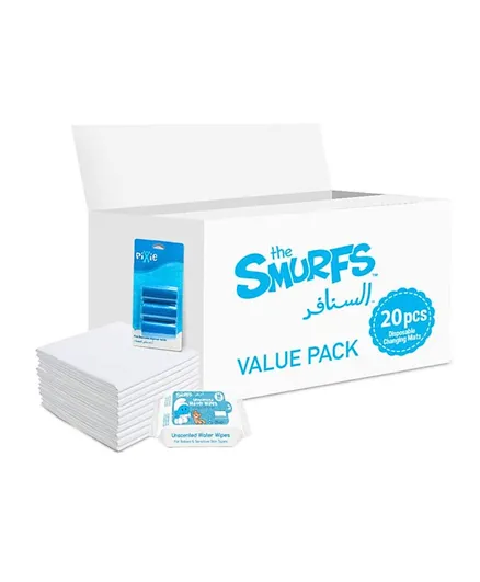 Smurfs Disposable Changing Mats Water Wipes & Pixie Nappy Bags - Value Pack