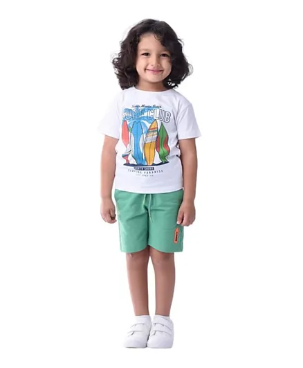 Victor and Jane Cotton Surfboards Graphic T-Shirt & Shorts Set - White/Green