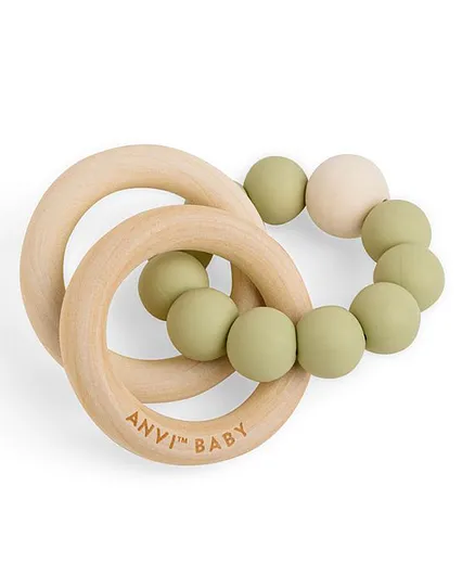 Anvi Baby Wood and Silicone Teether - Olive Garden