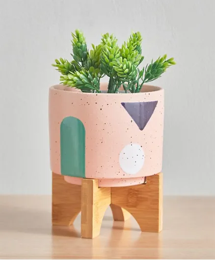 HomeBox Quinn Hand Painted Abstract Ceramic Planter With Wooden Stand