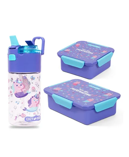 Eazy Kids Mermaid Lunch Box Set and Tritan Water Bottle & Snack Box Purple - 3 Pieces