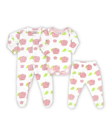 Moon Organic Baby 3 In 1 Romper Bodysuit with Joggers/Co-ord Set - Rose Print