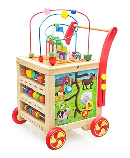 Factory Price Wooden Baby Walker Trolley with Maze and Activity Cube